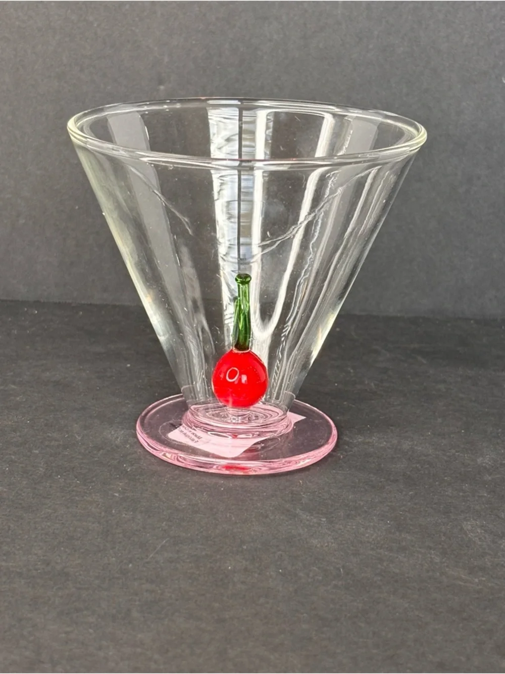 NWT Anthropologie Garnish Stemless Martini Glass Pink Base Cherry 3D Hand Blown